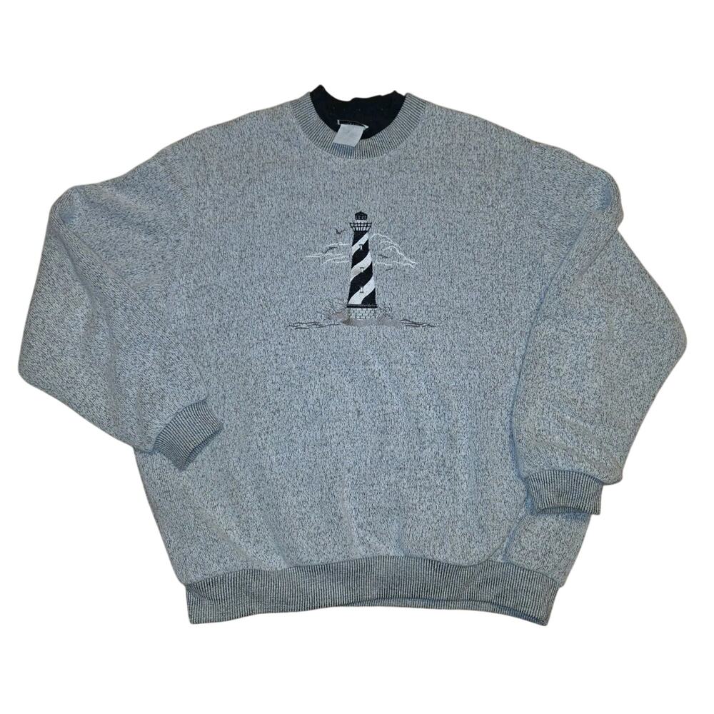Vintage 90s Embroidered Lighthouse Nautical Pullover Sweatshirt Double Collar L
